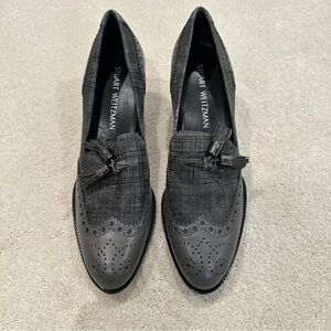 Stuart Weitzman Black & Gray Heels Brogue Loafers Tassel Accent Narrow Fit sz 8